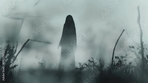 ghost girl in the middle of aforest with a foggy atmosphere photo