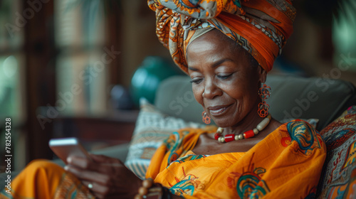 Smiling middle aged african woman with traditional head turban sitting on couch at home using smartphone. Beautiful african american woman with typical headscarf scrolling through internet on phone photo