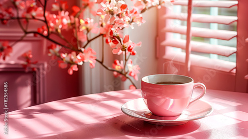 A cup of tea sits on a pink table in front of a tree. The scene is peaceful and calming, with the pink color scheme
