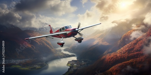 Pilot flying small aircraft over scenic landscape, concept of Adventure photo