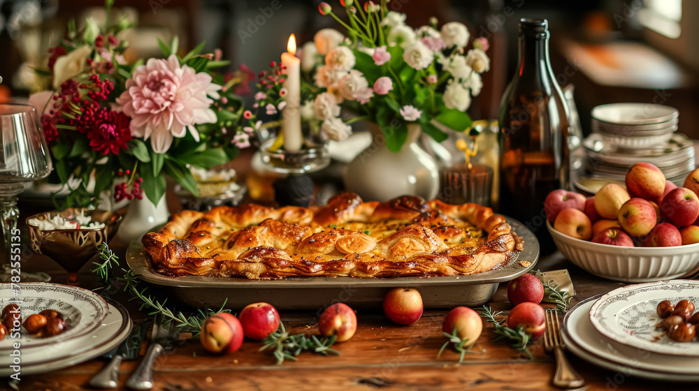 A table with a large pie and a bunch of apples. The table is set for a meal with a variety of dishes and utensils