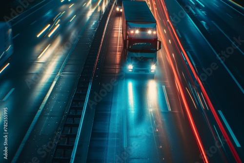 Trucks and light trails on highway at night  transportation and logistics timelapse