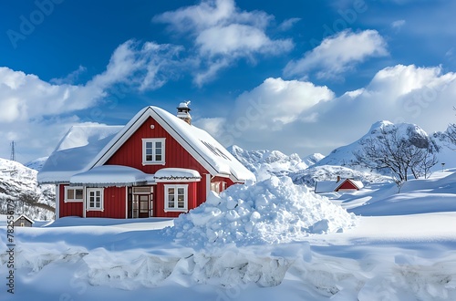 red wooden house in Lofoten, Norway covered with snow, white clouds and a blue sky.