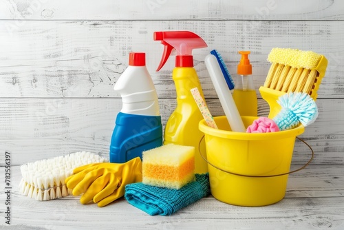 Assorted cleaning supplies. brushes, bottles, sponges, rag, gloves in yellow bucket on wooden floor