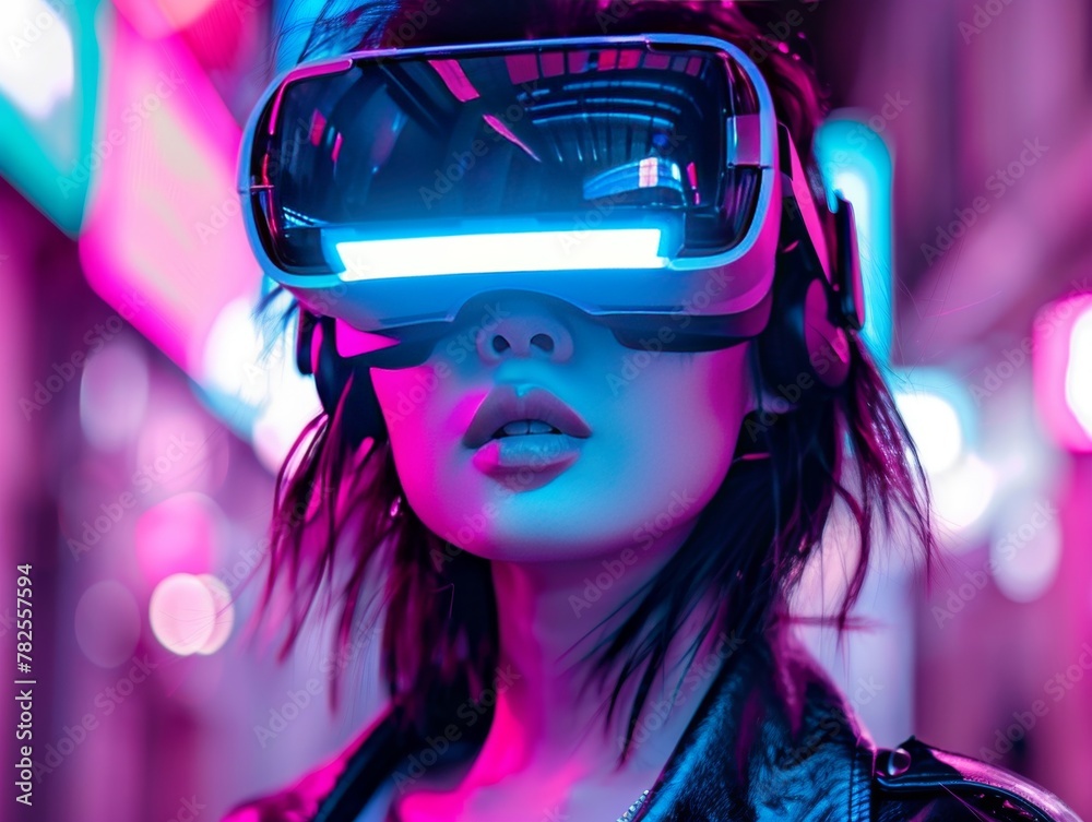 A woman exploring the metaverse with a virtual reality headset A woman exploring the metaverse with a virtual reality headset