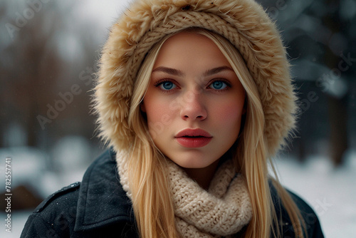 hermosa mujer joven con ropa de invierno nevado. photo