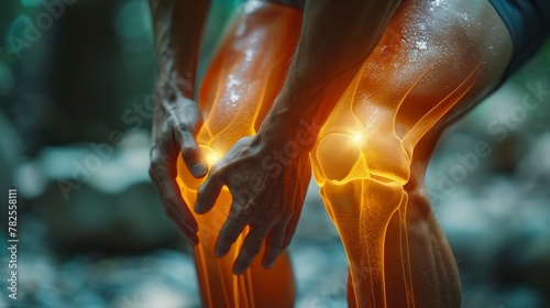 An illustration of popliteal fossa pain, as well as joint pain, cruciate ligaments for example. A man stands on his back leg with his hand over the area. photo