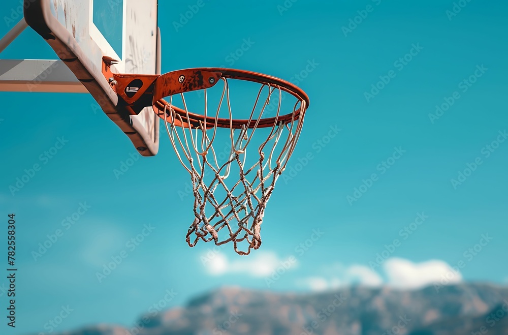 A basketball hoop with the net hanging, set against a clear blue sky background.