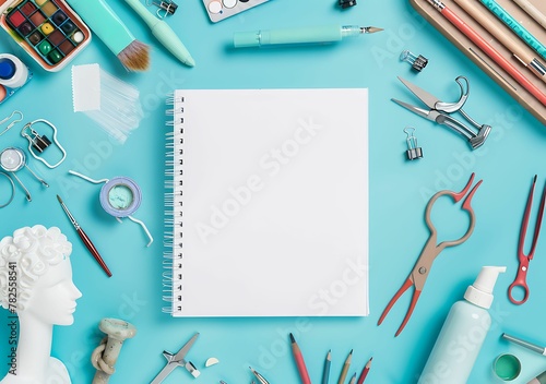 A blank white spiral notebook is centered on the page, surrounded by various art supplies such as paintbrushes and paper dolls.