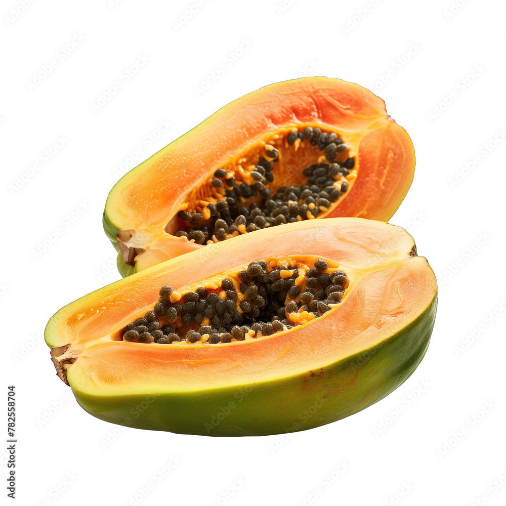 Papaya fruit Transparent background, isolated image. Halved fresh organic Papaya exotic fruits close up. Healthy vegan food Papaya fruit Transparent background, isolated image. Halved fresh organic Papaya exotic fruits close up. Healthy vegan food
