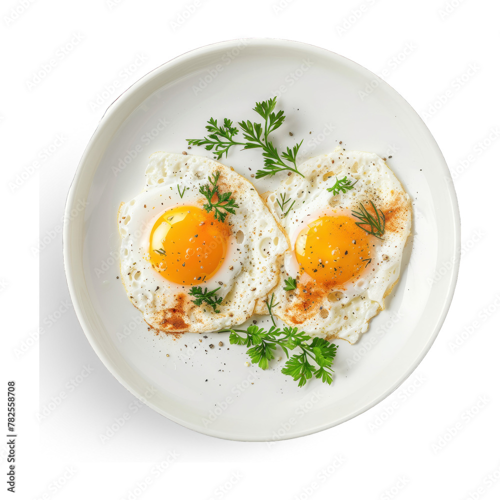 Healthy breakfast Fried egg with greenery, top view, close up. Diets, dieting concept. Healthy low calories food. Weight loss.Transparent background, isolated image