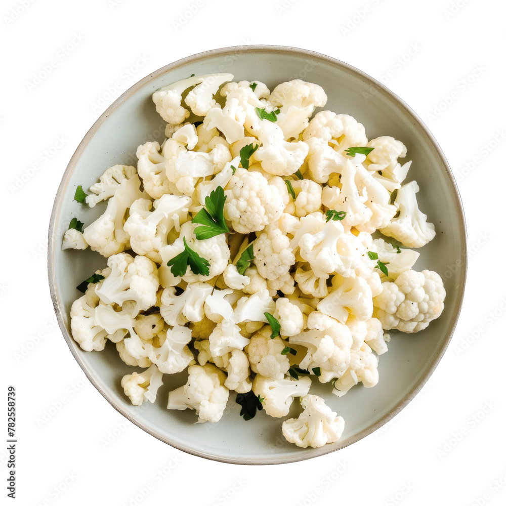 Cauliflower in a white ceramic plate, top view. Transparent background, isolated image Cauliflower in a white ceramic plate, top view. Transparent background, isolated image