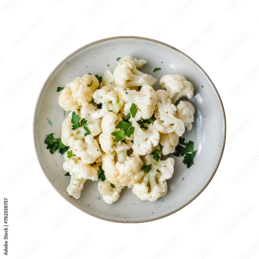 Cauliflower in a white ceramic plate, top view. Transparent background, isolated image Cauliflower in a white ceramic plate, top view. Transparent background, isolated image