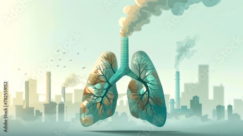 Cartoon lungs with smog, isolated background, representing air pollution and respiratory health issues