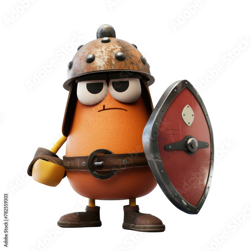 Cartoon character featuring a man donning a helmet and carrying a shield, set against a transparent background.