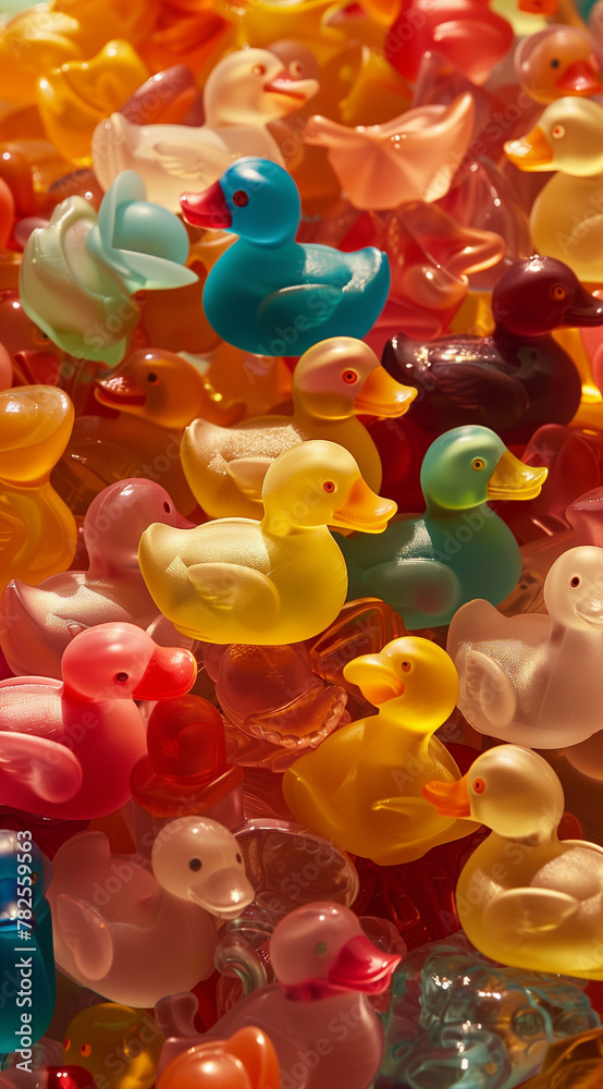 colorful background with rubber ducks.Minimal creative nature concept.Flat lay