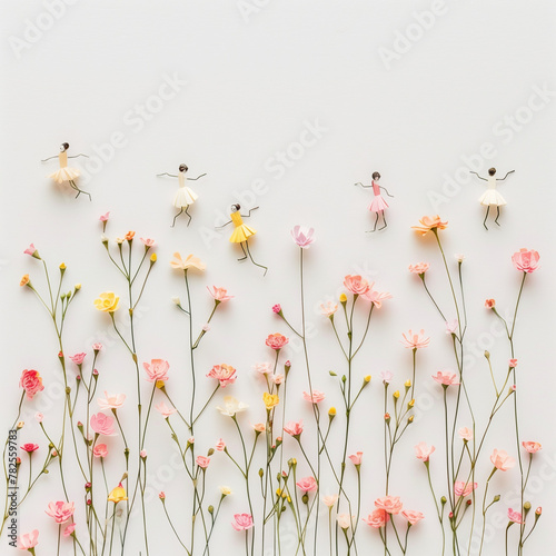 Background with flowers and miniature doll figures in the form of women.Minimal creative nature and fashion concpet.Flat lay