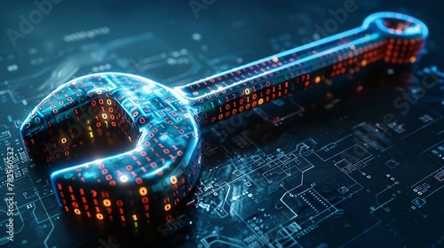 blue digital wrench  spanner with glowing binary code, AI  in  maintenance management systems, predictive maintenance algorithms, equipment diagnostics, and remote repair assistance.
