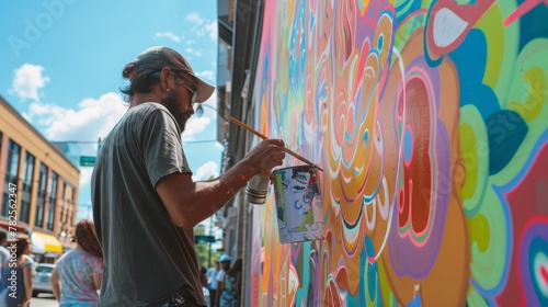 An artist painting a vibrant mural on an urban street, blending creativity and community, with passersby watching in admiration. Generative AI