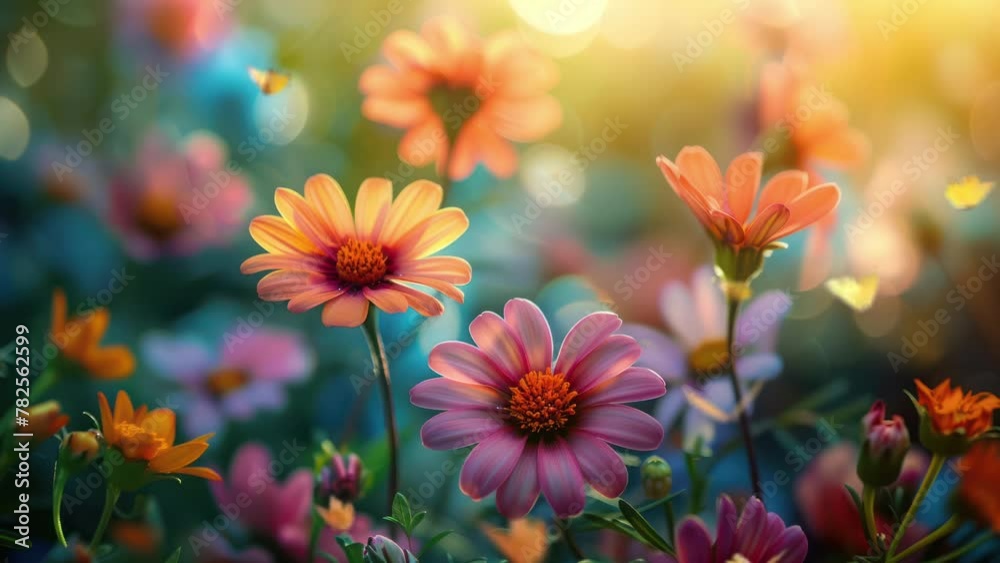 Colorful flowers and butterflies flying in the garden with soft sunlight. Nature background. Colorful flowers and butterflies flying in the garden with soft sunlight. Nature background.