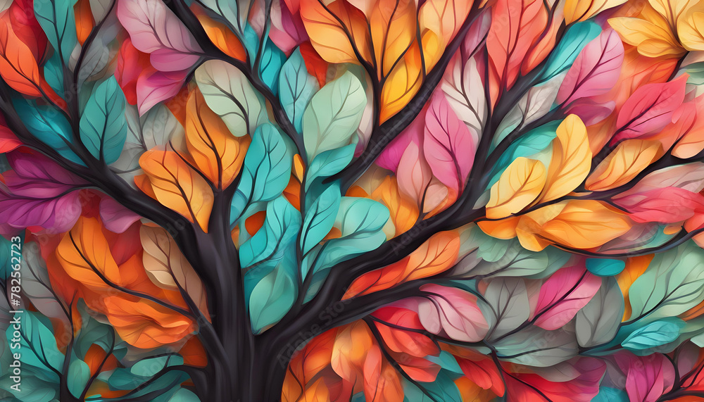 Elegant Colorful Tree: Vibrant Leaves 3D Abstraction Wallpaper for Interior Mural Painting Wall Art Decor, 