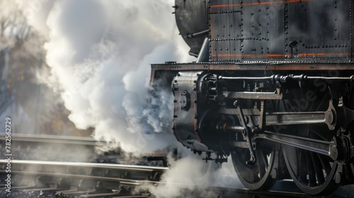 Close-Up of Steam: Focus on a close-up shot of steam billowing from the train's engine, with the background slightly blurred to create depth. Generative AI