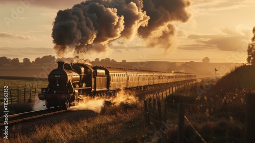 Golden Hour Glow: Capture the vintage train chugging through a countryside bathed in golden hour light, with the warm hues enhancing the nostalgic feel. Generative AI photo