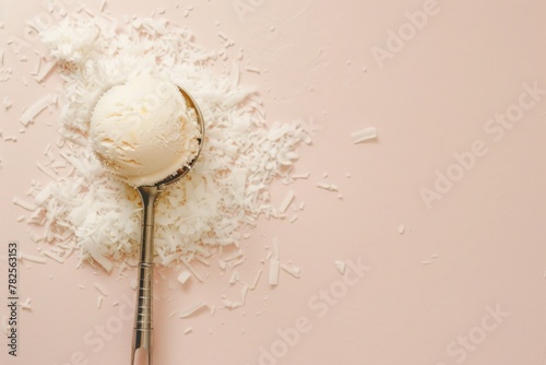 Tropical coconut ice cream scoop with shredded coconut on a soft beige background photo