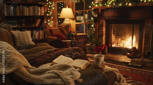 Envision a cozy, inviting living room on a chilly winter evening, with a roaring fireplace, soft blankets, and a steaming mug of hot cocoa on a side table. Generative AI