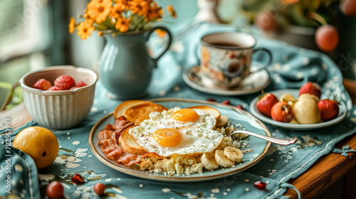 A plate of eggs and bacon sits on a table with a blue tablecloth. A cup of coffee is on the table as well. The table is set for breakfast with a variety of fruits and a bowl of raspberries photo