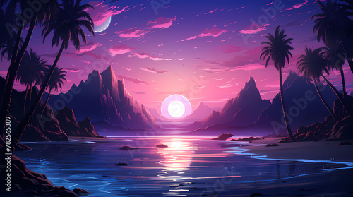 Purple Sunset Over Tropical Beach and Calm Sea