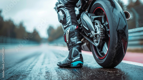 Motorcycle racer in full gear preparing for a race on a wet track, reflecting concentration and determination. photo