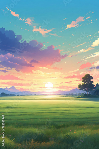 A wide grass field at sunset in a calm twilight. In anime style