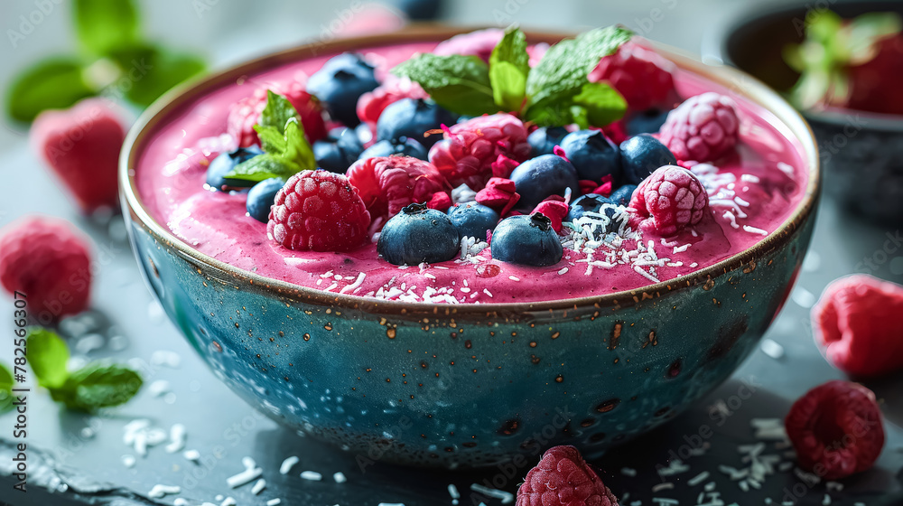 Smooth and creamy blueberry smoothie served in a bowl, garnished with a handful of fresh blueberries, a refreshing and nutritious treat. Smooth and creamy blueberry smoothie served in a bowl, garnished with a handful of fresh blueberries, a refreshing and nutritious treat.