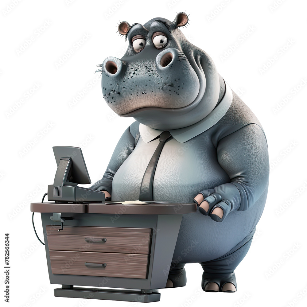 Cartoon hippo sitting at a desk with a computer in front of him, blending seamlessly into an office scene while using a stapler with curious intrigue, isolated on a transparent background.