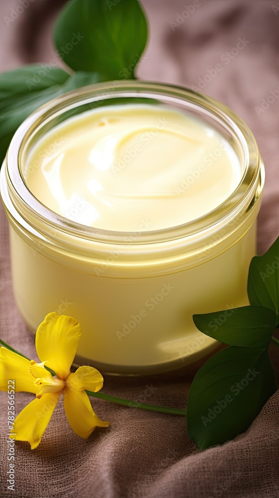 A jar of yellow cream is sitting on a table with a yellow flower next to it A jar of yellow cream is sitting on a table with a yellow flower next to it