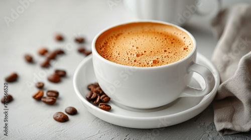 wide closeup food photograph of an isolated white color premium cappuccino coffee cup on a white textured table top background with copy space