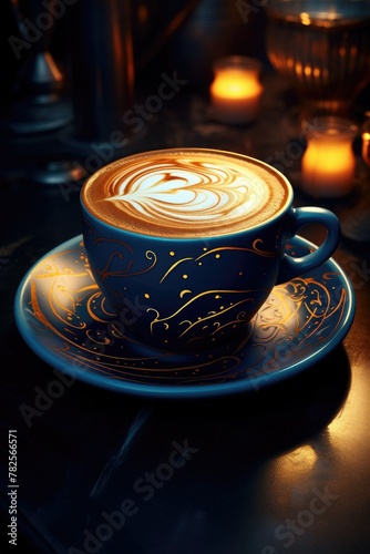 Artistic coffee cup with fancy latte art photo
