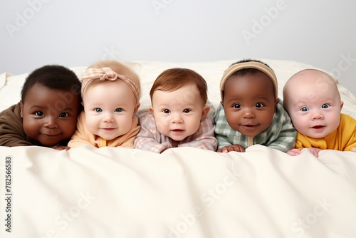 Diverse group of babies peeking over blanket