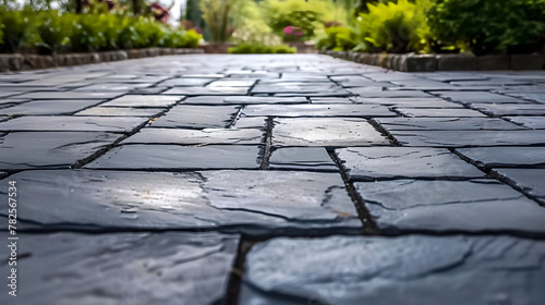paving black stones of a slate driveway, City sidewalk, blur effect with plants in background, Architectural development, urban and architectural landscape , street floor surface