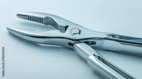 Close-up of shiny stainless steel pliers lying on a plain white background, emphasizing simplicity and functionality.