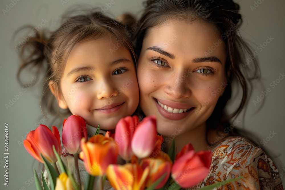 Happy Mother's Day Celebration with Latina Mom and Child and Flowers Happy Mother's Day Celebration with Latina Mom and Child and Flowers