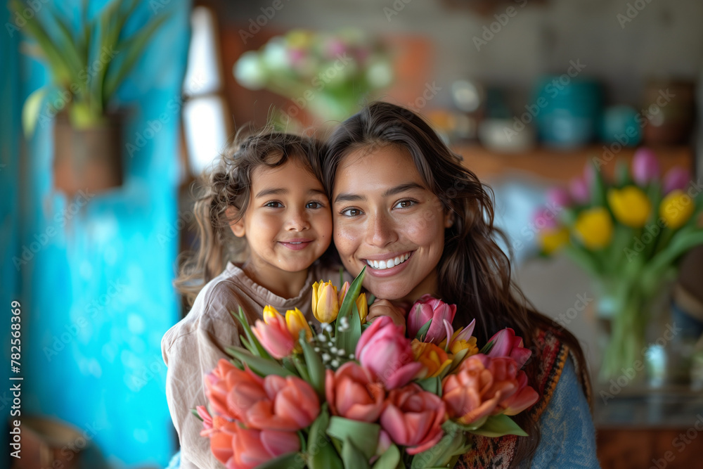 Happy Mother's Day Celebration with Latina Mom and Child and Flowers 