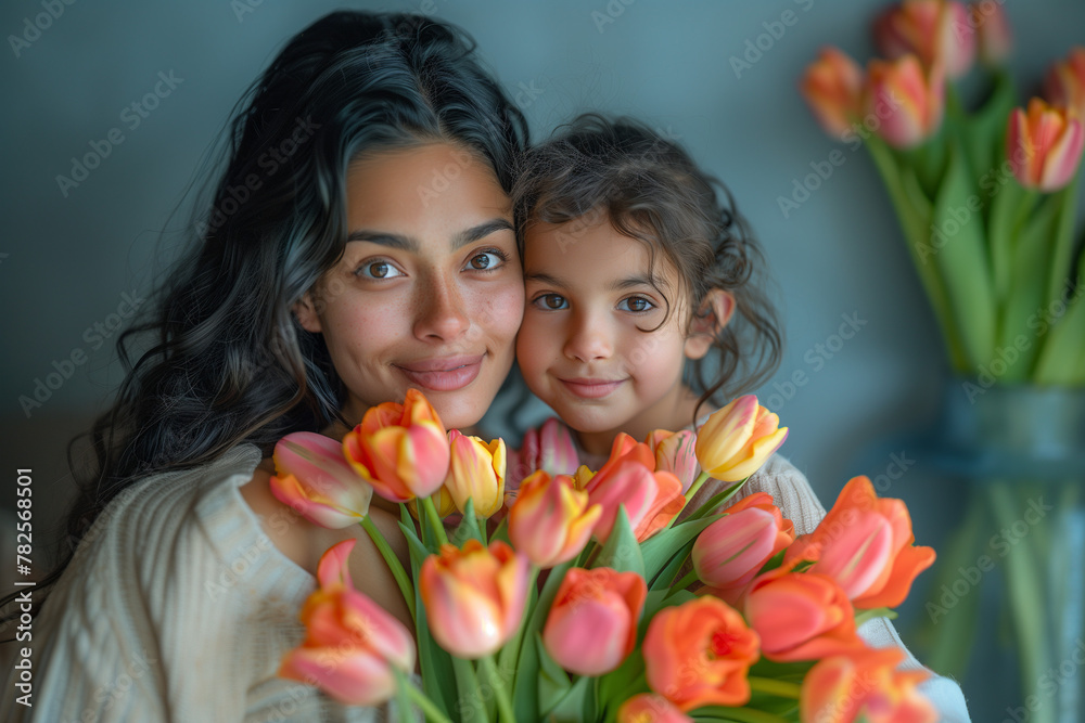 Happy Mother's Day Celebration with Latina Mom and Child and Flowers 