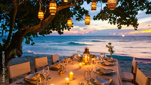 Dinner table reception decorate at beach resort Dinner Wedding. photo