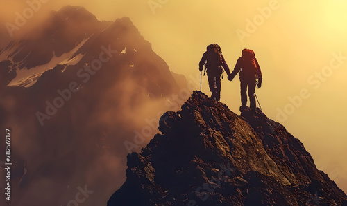 Couple celebrating success on mountain top by holding hands up in the air , Feeling successful ,love  © YOUCEF