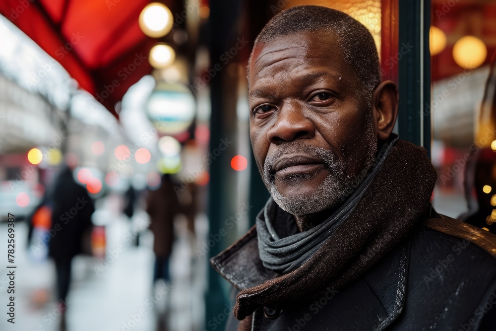 Handsome senior African man with beard and mustache, wearing black leather jacket, scarf and shawl, standing in a busy street in Paris, France.