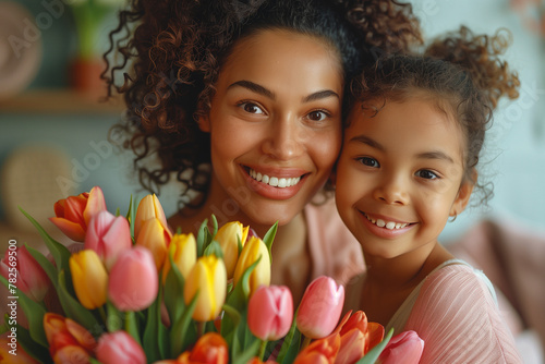 Happy Mother's Day Celebration with Latina Mom and Child and Flowers  photo