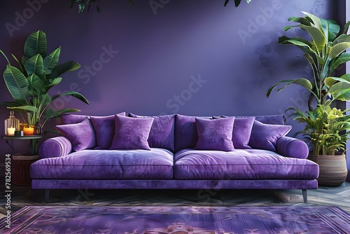 Modern Purple Haven  Chic Sofa   Botanical Touches. Concept Purple Color Scheme  Modern Decor  Chic Furniture  Botanical Elements  Interior Design