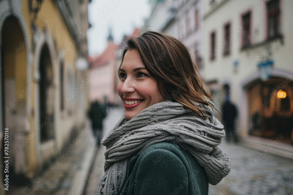 Portrait of a beautiful young woman on the streets of Prague.